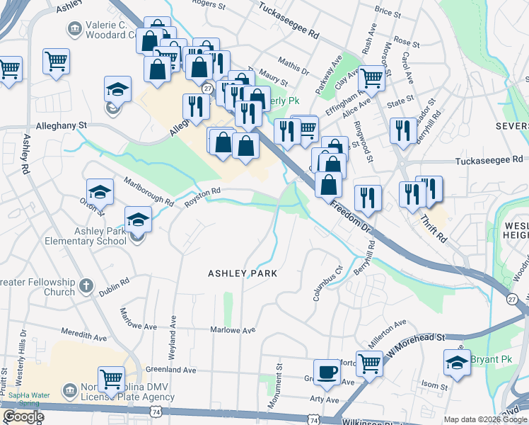 map of restaurants, bars, coffee shops, grocery stores, and more near 1826 Camp Greene Street in Charlotte