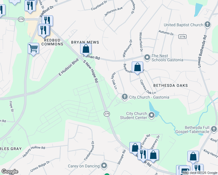 map of restaurants, bars, coffee shops, grocery stores, and more near 3011-3069 South New Hope Road in Gastonia