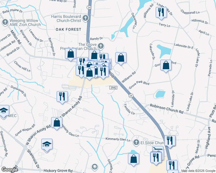 map of restaurants, bars, coffee shops, grocery stores, and more near 6017 Williams Road in Charlotte