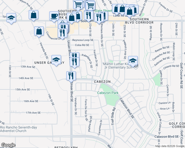 map of restaurants, bars, coffee shops, grocery stores, and more near 1405 Reynosa Loop Southeast in Rio Rancho