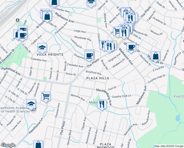 map of restaurants, bars, coffee shops, grocery stores, and more near 2409 Daniel Street in Charlotte