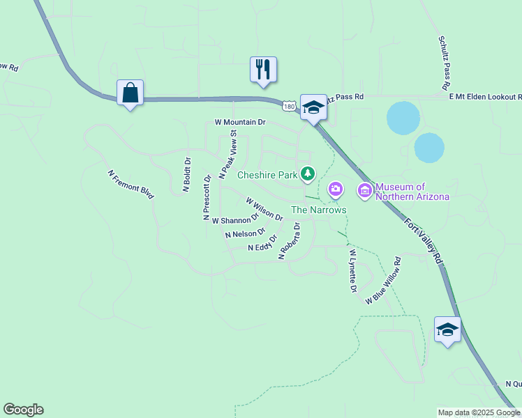 map of restaurants, bars, coffee shops, grocery stores, and more near West Wilson Drive in Flagstaff