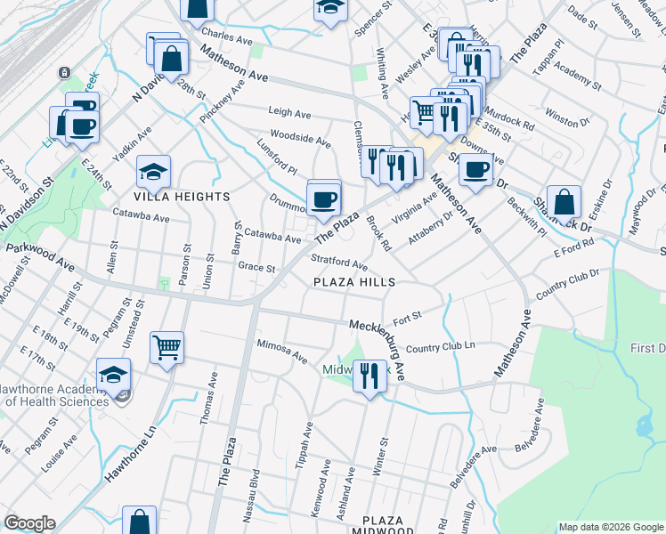 map of restaurants, bars, coffee shops, grocery stores, and more near 2409 Daniel Street in Charlotte