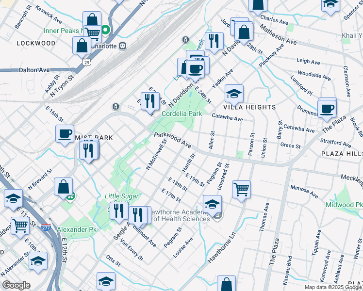 map of restaurants, bars, coffee shops, grocery stores, and more near 1711 Harrill Street in Charlotte