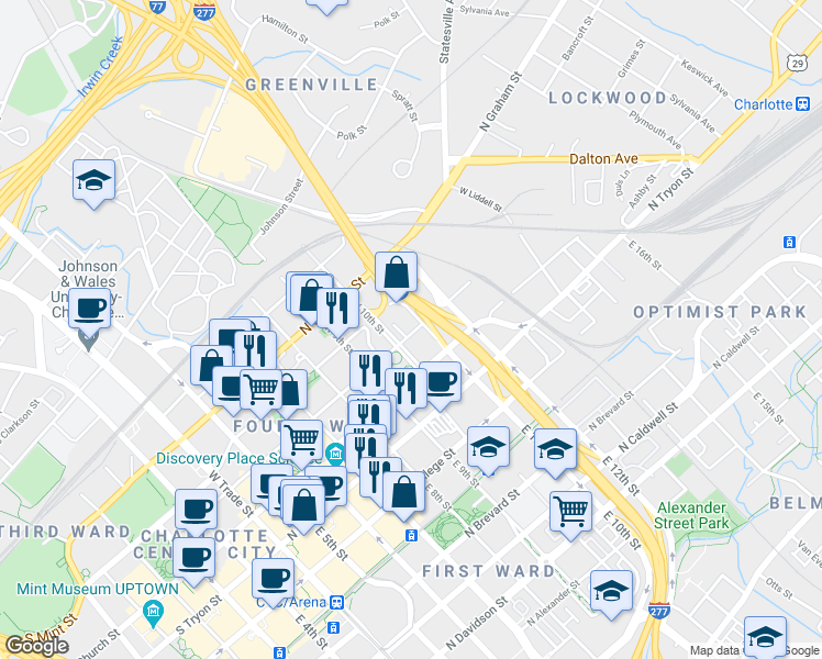 map of restaurants, bars, coffee shops, grocery stores, and more near in Charlotte