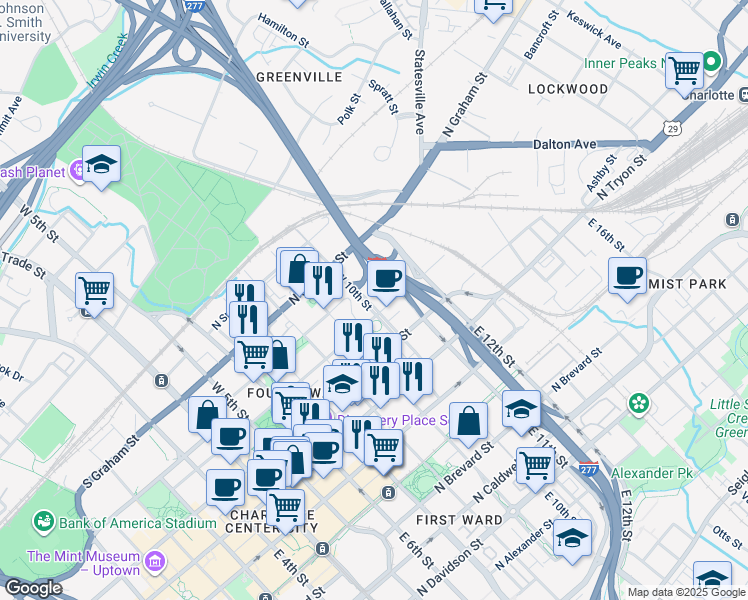 map of restaurants, bars, coffee shops, grocery stores, and more near in Charlotte