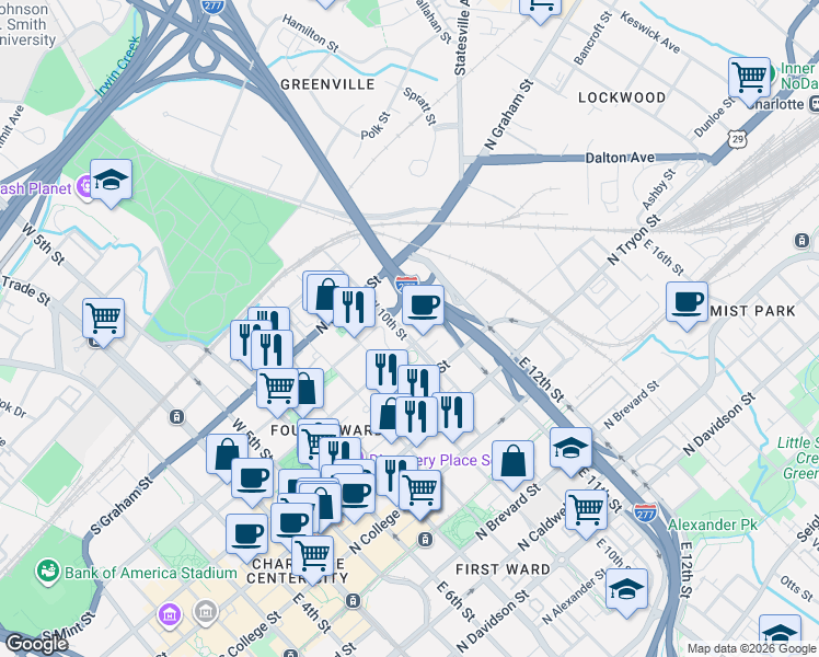 map of restaurants, bars, coffee shops, grocery stores, and more near in Charlotte
