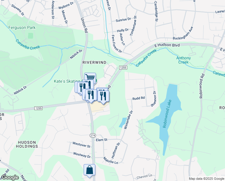 map of restaurants, bars, coffee shops, grocery stores, and more near 1251 East Hudson Boulevard in Gastonia