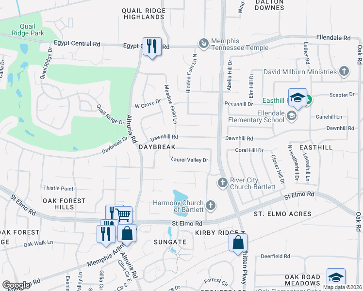 map of restaurants, bars, coffee shops, grocery stores, and more near 6665 Millgrove Park Drive in Bartlett