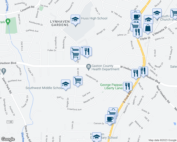 map of restaurants, bars, coffee shops, grocery stores, and more near 991 West Hudson Boulevard in Gastonia