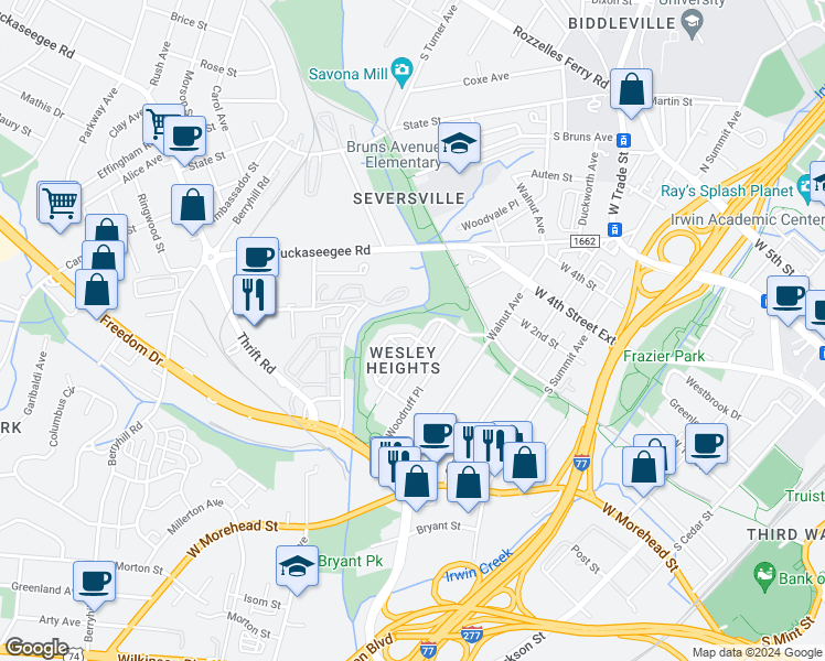 map of restaurants, bars, coffee shops, grocery stores, and more near 465 Hurston Circle in Charlotte