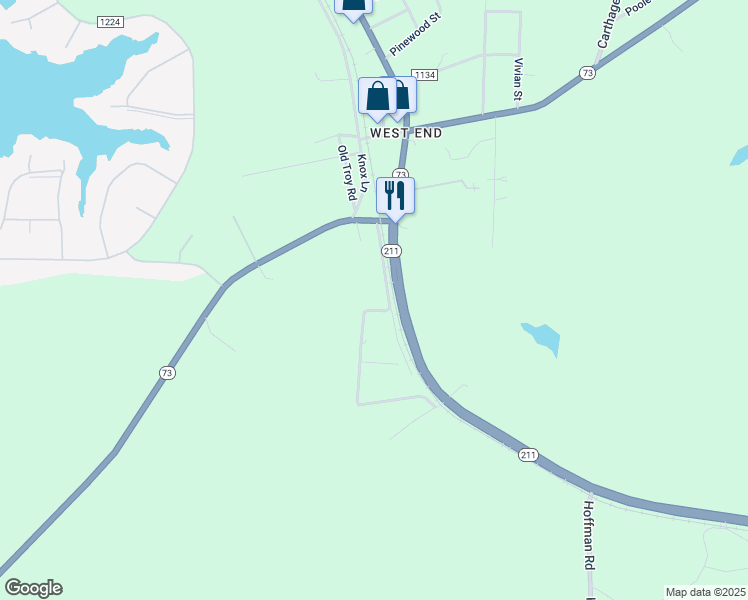 map of restaurants, bars, coffee shops, grocery stores, and more near 202 Stanley Street in Moore County