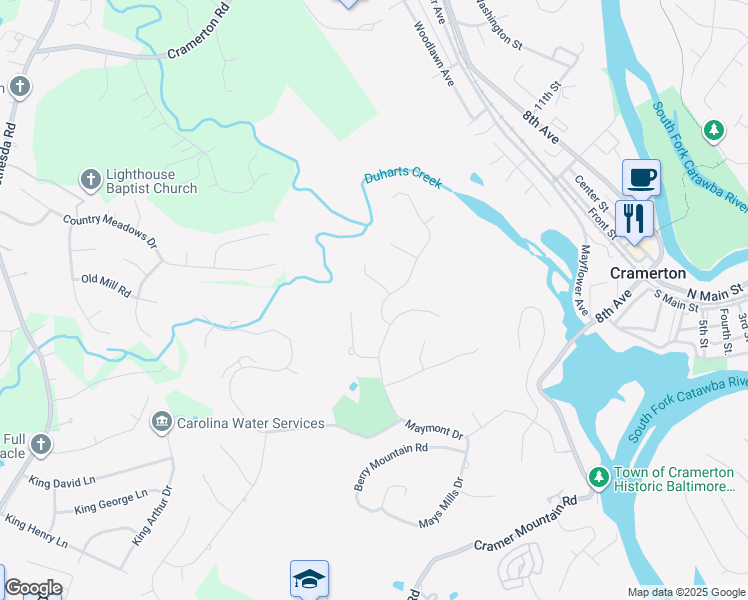 map of restaurants, bars, coffee shops, grocery stores, and more near in Cramerton