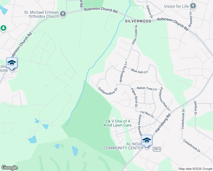 map of restaurants, bars, coffee shops, grocery stores, and more near 6802 Goldenwillow Drive in Charlotte