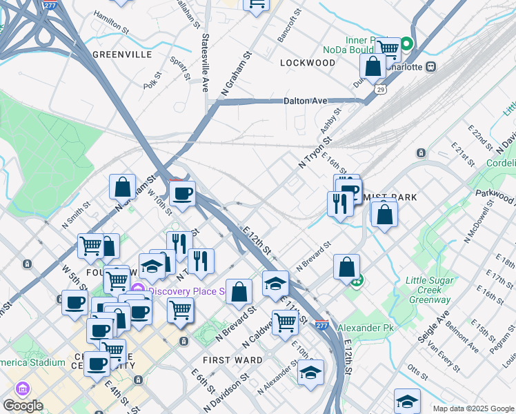 map of restaurants, bars, coffee shops, grocery stores, and more near 1000 North Tryon Street in Charlotte