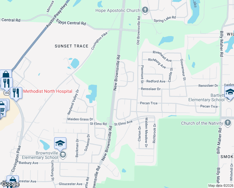 map of restaurants, bars, coffee shops, grocery stores, and more near 3947 Oak Branch Circle South in Memphis