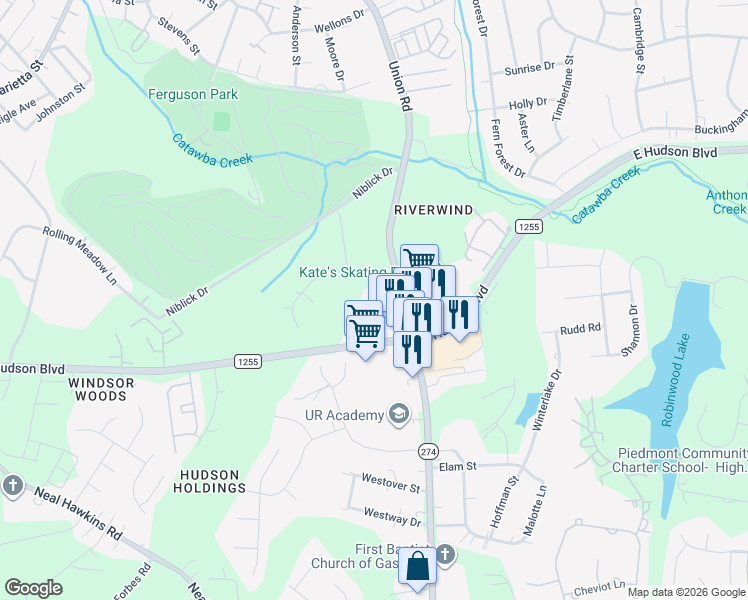 map of restaurants, bars, coffee shops, grocery stores, and more near 2109 Union Road in Gastonia