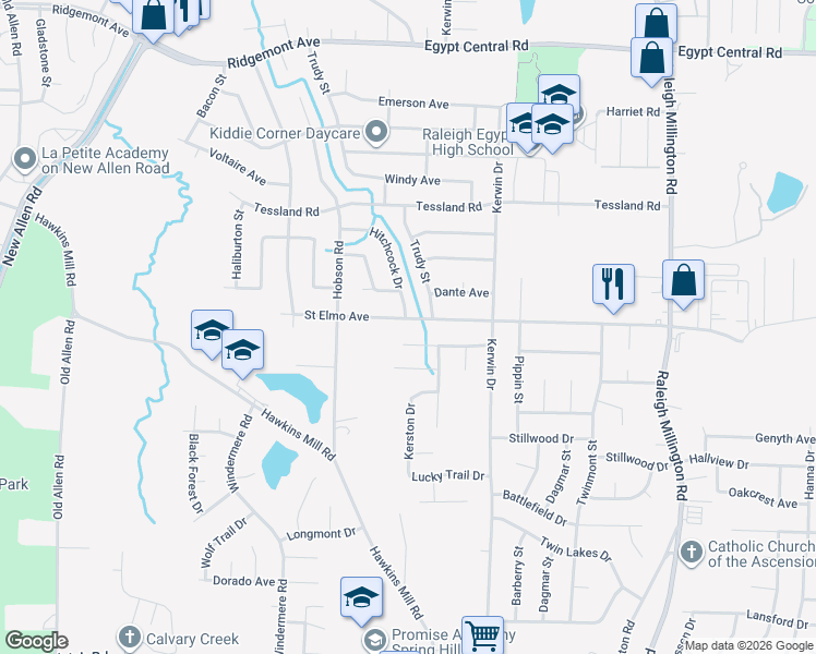 map of restaurants, bars, coffee shops, grocery stores, and more near 3845 Kerwood Avenue in Memphis