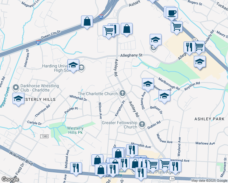 map of restaurants, bars, coffee shops, grocery stores, and more near 2109 Heywood Avenue in Charlotte