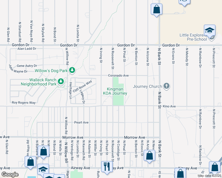 map of restaurants, bars, coffee shops, grocery stores, and more near 3820 North Roosevelt Street in Kingman