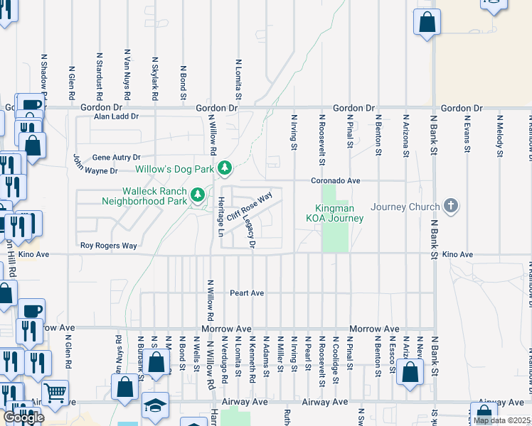 map of restaurants, bars, coffee shops, grocery stores, and more near 3789 North Irving Street in Kingman