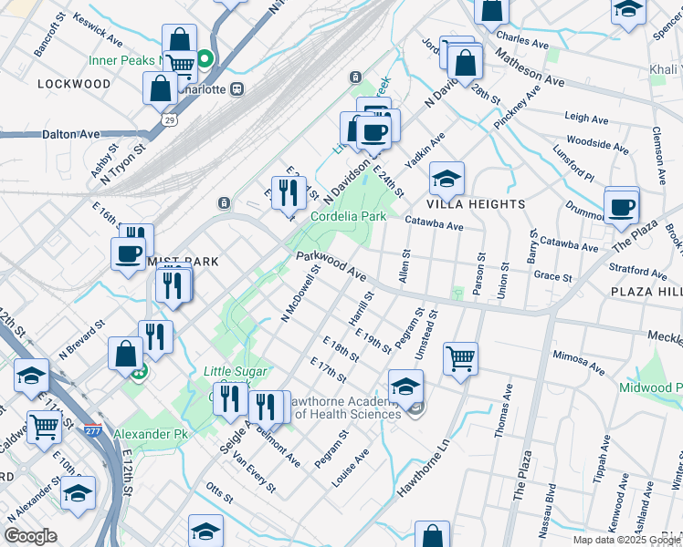 map of restaurants, bars, coffee shops, grocery stores, and more near 820 East 20th Street in Charlotte