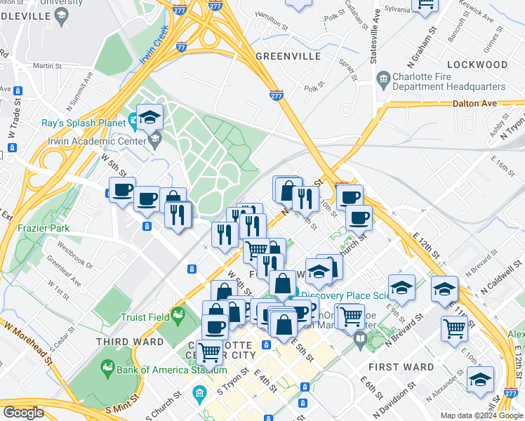 map of restaurants, bars, coffee shops, grocery stores, and more near 517 West 8th Street in Charlotte