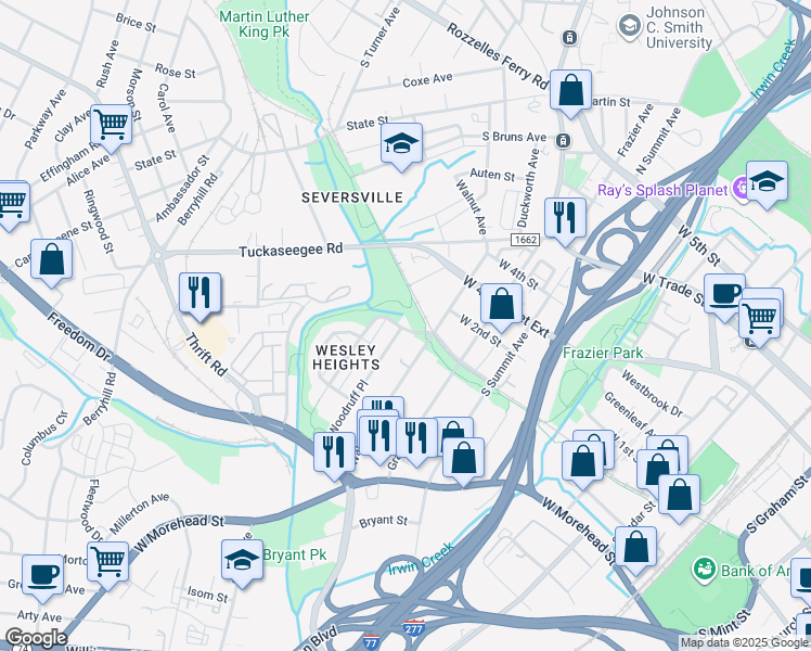 map of restaurants, bars, coffee shops, grocery stores, and more near 615 Woodruff Place in Charlotte