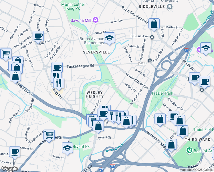 map of restaurants, bars, coffee shops, grocery stores, and more near 615 Woodruff Place in Charlotte