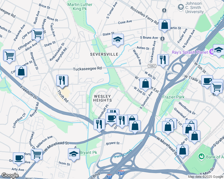 map of restaurants, bars, coffee shops, grocery stores, and more near 615 Woodruff Place in Charlotte