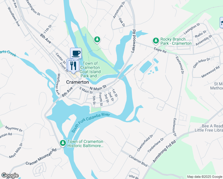 map of restaurants, bars, coffee shops, grocery stores, and more near 27 2nd Street in Cramerton