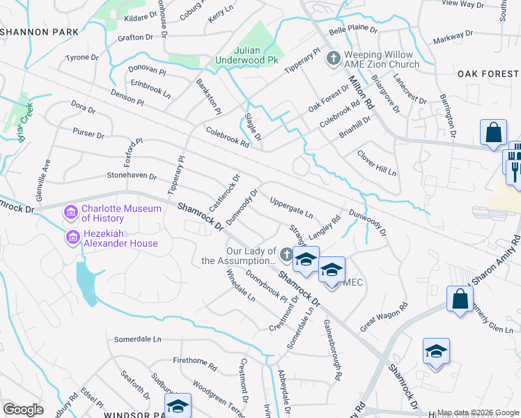 map of restaurants, bars, coffee shops, grocery stores, and more near 4021 Whipple Place in Charlotte