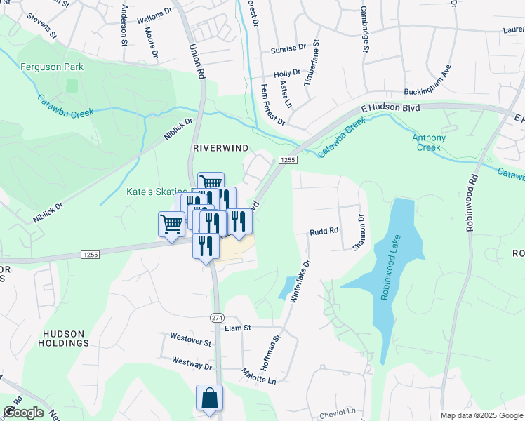 map of restaurants, bars, coffee shops, grocery stores, and more near 1251 East Hudson Boulevard in Gastonia