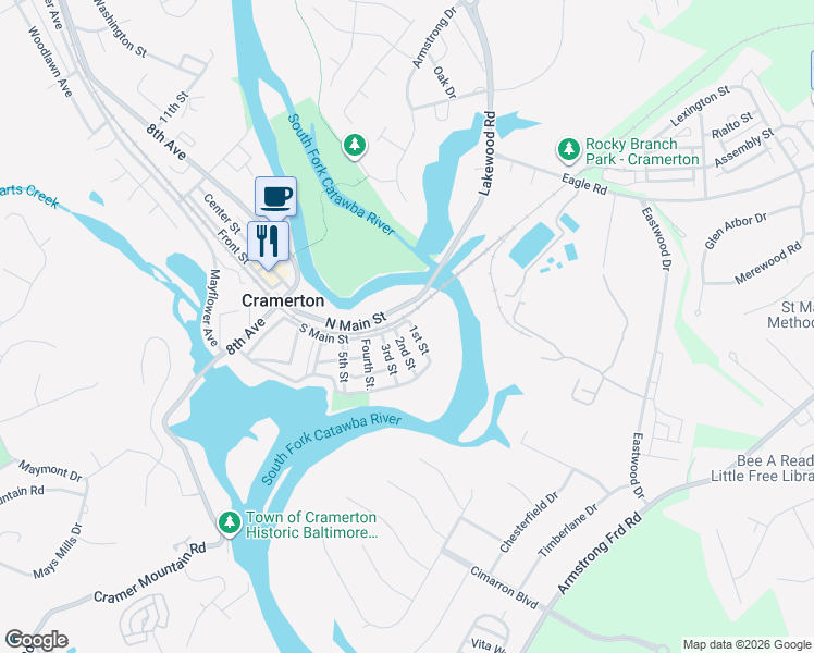 map of restaurants, bars, coffee shops, grocery stores, and more near 27 2nd Street in Cramerton