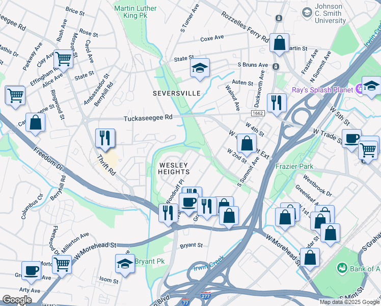 map of restaurants, bars, coffee shops, grocery stores, and more near 615 Woodruff Place in Charlotte