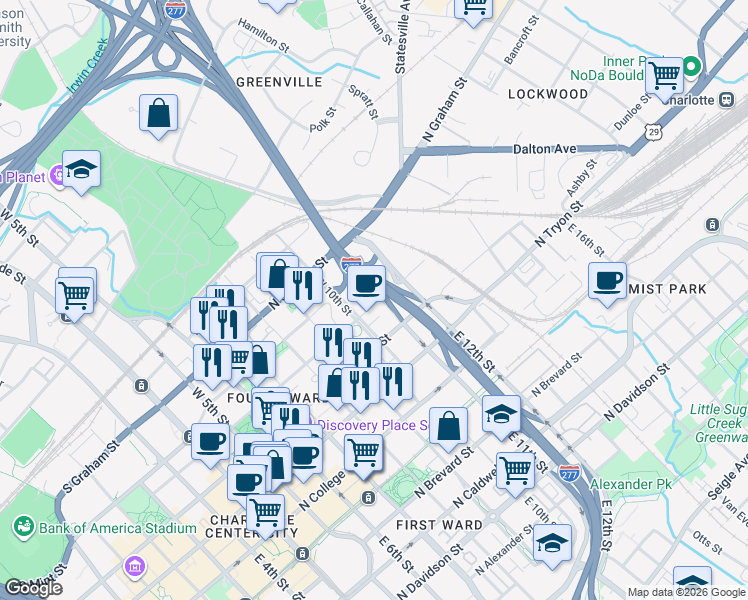 map of restaurants, bars, coffee shops, grocery stores, and more near 721 North Poplar Street in Charlotte