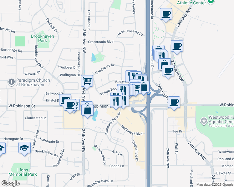 map of restaurants, bars, coffee shops, grocery stores, and more near 3219 Willow Rock Road in Norman