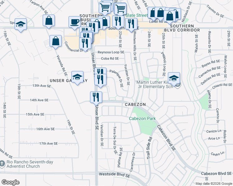 map of restaurants, bars, coffee shops, grocery stores, and more near 1312 Reynosa Loop Southeast in Rio Rancho