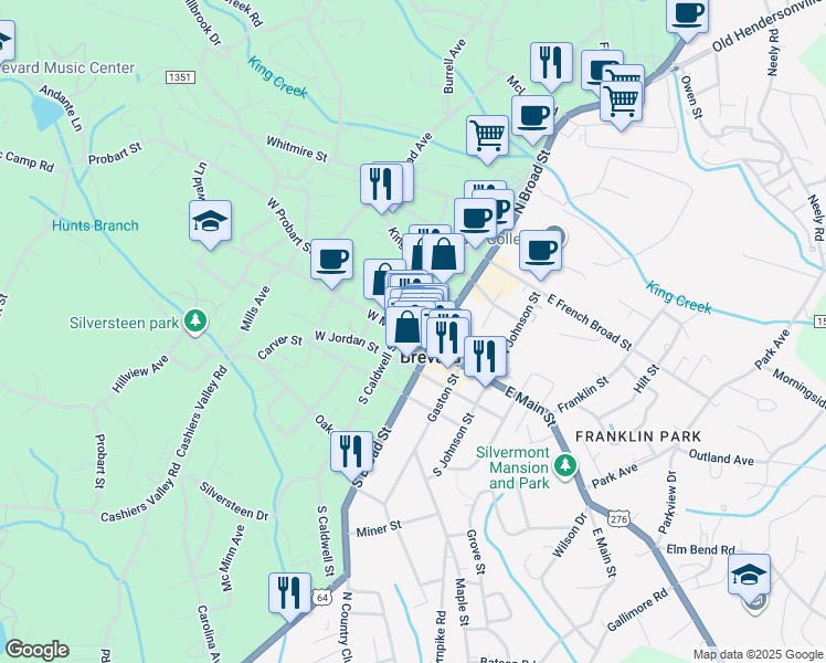 map of restaurants, bars, coffee shops, grocery stores, and more near 35 West Probart Street in Brevard