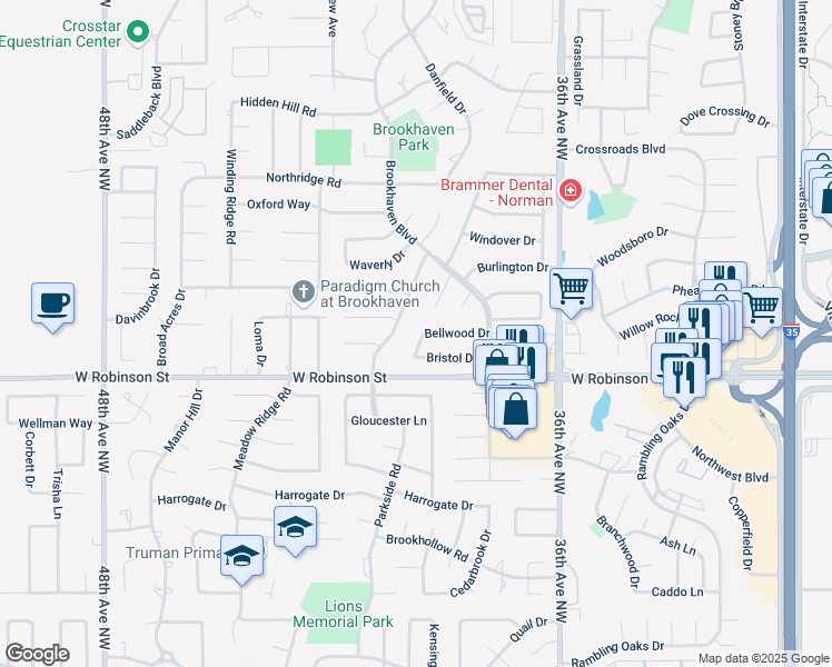 map of restaurants, bars, coffee shops, grocery stores, and more near 1319 Brookdale Drive in Norman