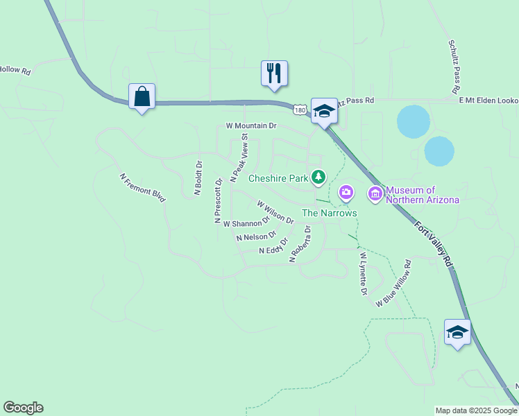 map of restaurants, bars, coffee shops, grocery stores, and more near 3410 West Wilson Drive in Flagstaff