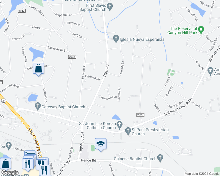 map of restaurants, bars, coffee shops, grocery stores, and more near 6941 Albaneen Court in Charlotte