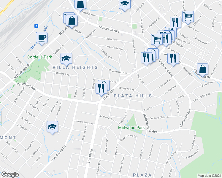 map of restaurants, bars, coffee shops, grocery stores, and more near in Charlotte