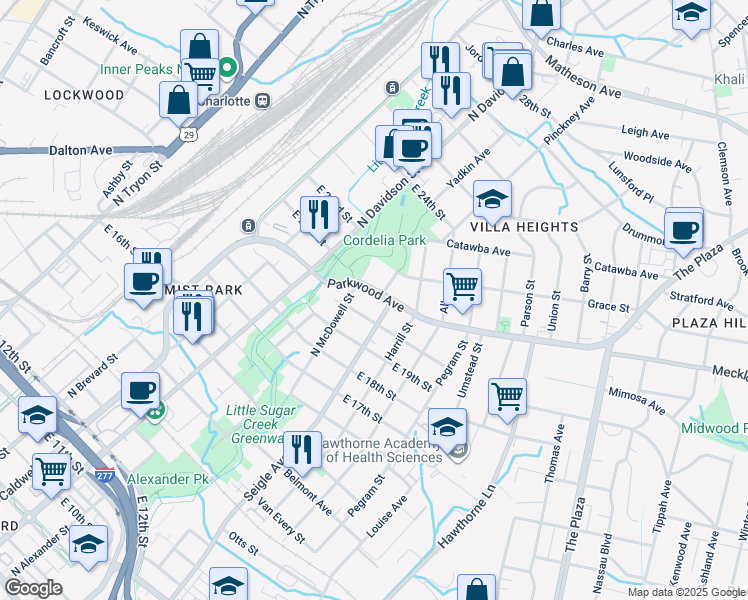 map of restaurants, bars, coffee shops, grocery stores, and more near 801 Parkwood Avenue in Charlotte