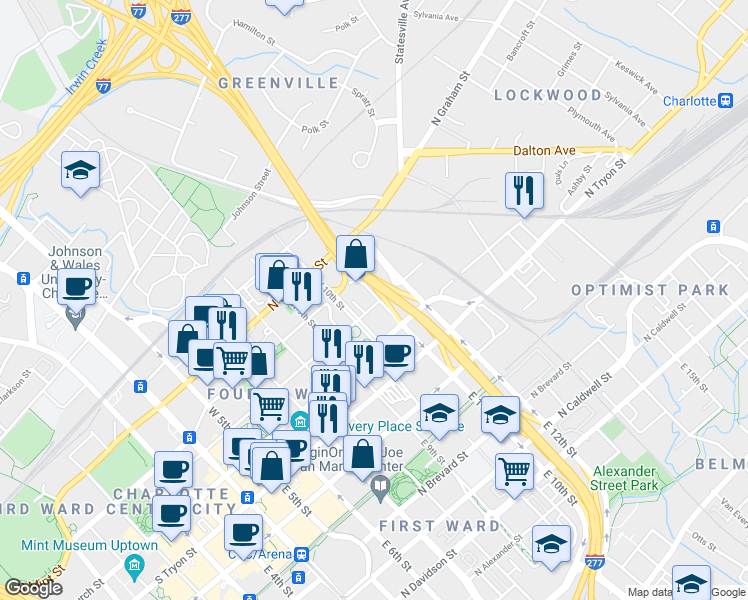 map of restaurants, bars, coffee shops, grocery stores, and more near 315 West 11th Street in Charlotte