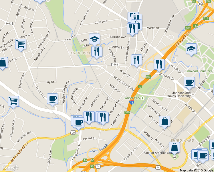 map of restaurants, bars, coffee shops, grocery stores, and more near 428 Walnut Avenue in Charlotte