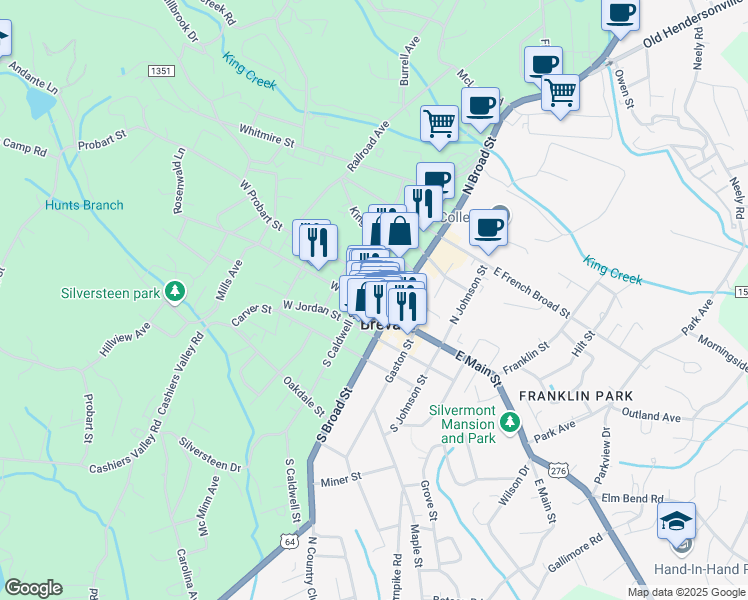 map of restaurants, bars, coffee shops, grocery stores, and more near 35-131 West Probart Street in Brevard