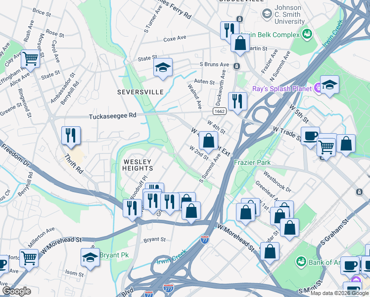 map of restaurants, bars, coffee shops, grocery stores, and more near 428 Walnut Avenue in Charlotte