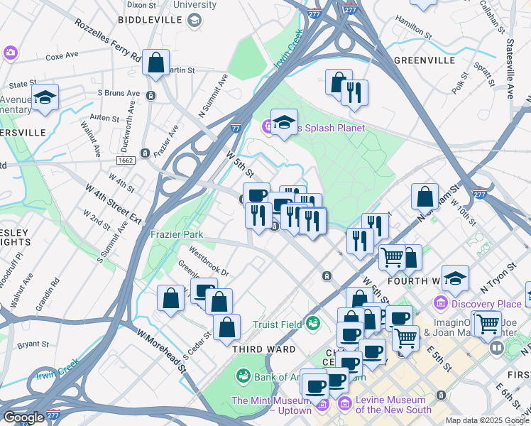 map of restaurants, bars, coffee shops, grocery stores, and more near 801 West Trade Street in Charlotte