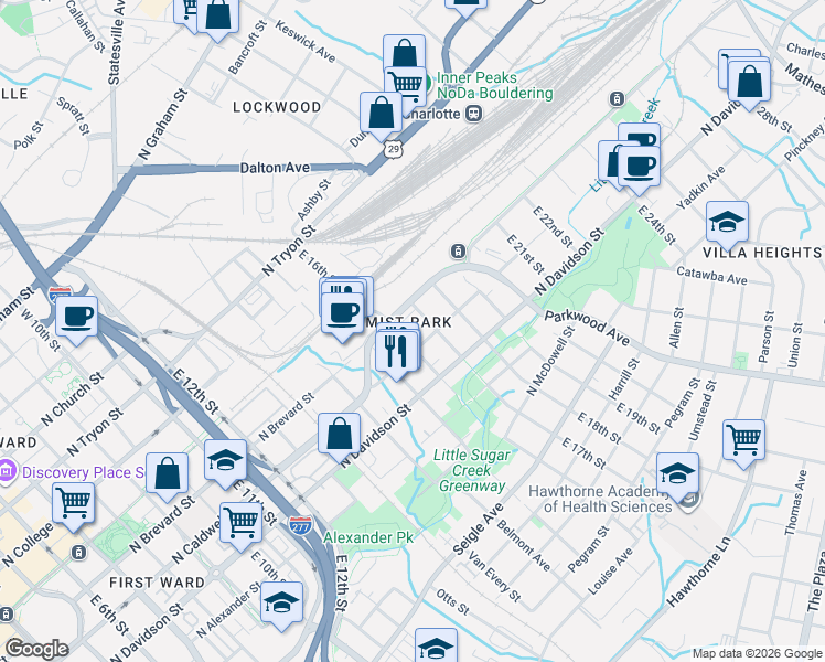 map of restaurants, bars, coffee shops, grocery stores, and more near in Charlotte